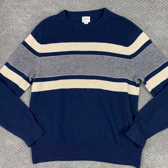 J. CREW Rugged Merino Wool Blend Sweater Men's Large Blue Gray Stripe Striped - Picture 1 of 7